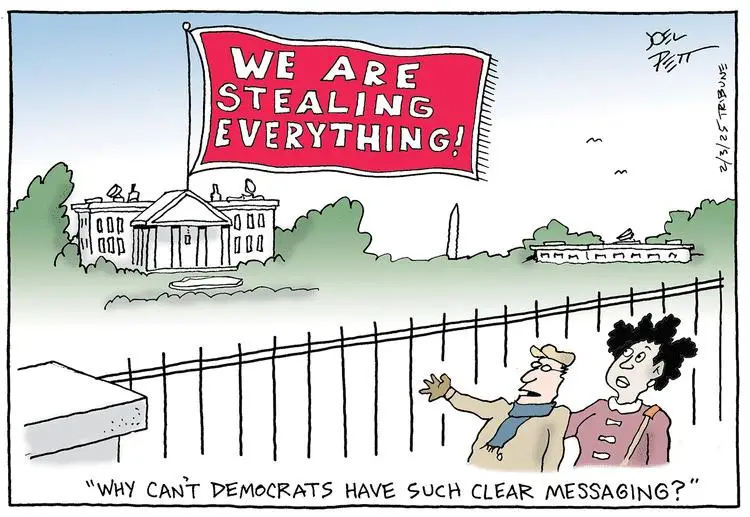 A cartoon depicts two people looking over a fence at the White House, where a large red flag reads 'WE ARE STEALING…