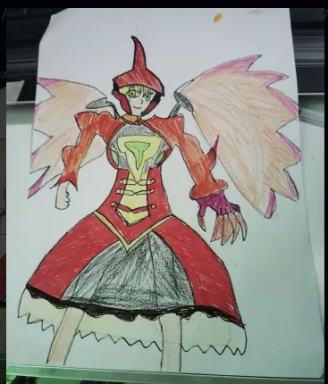 A child's crayon drawing of a fantasy character with large pink wings, a red and yellow outfit, and a pointed hat, displayed…