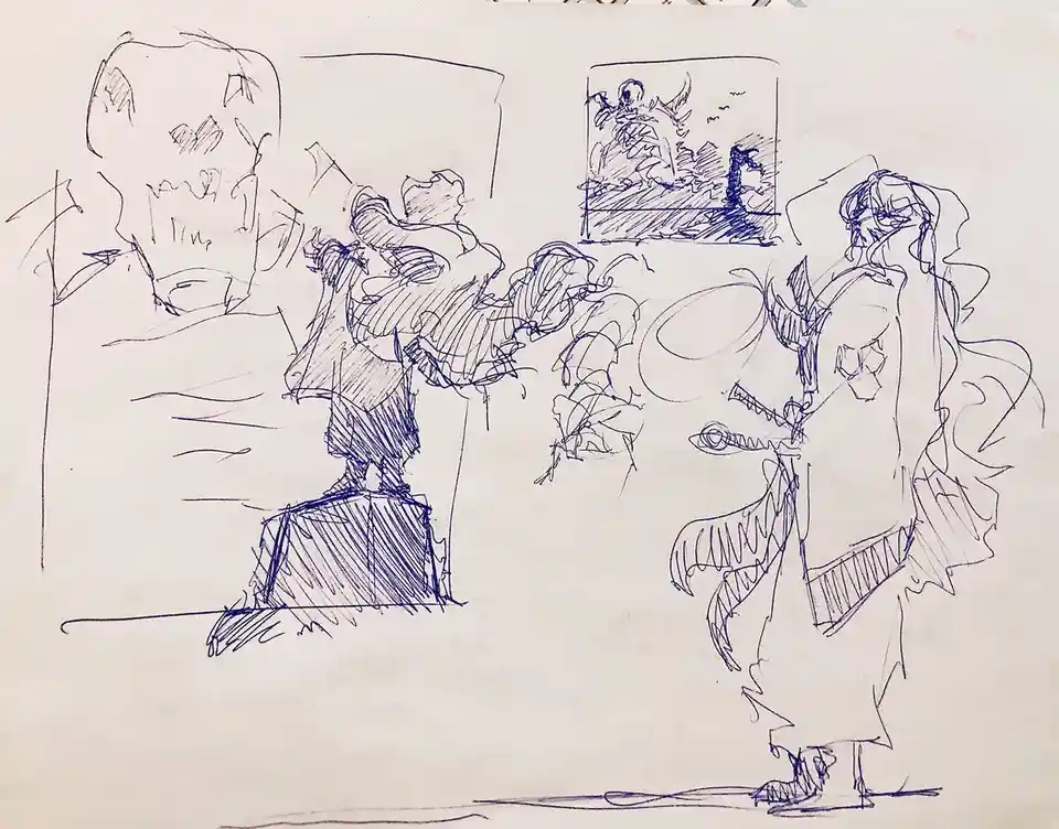 A blue ink sketch on paper shows a chaotic, rough-drawn scene with multiple figures: a large skull-like face on the left, a…
