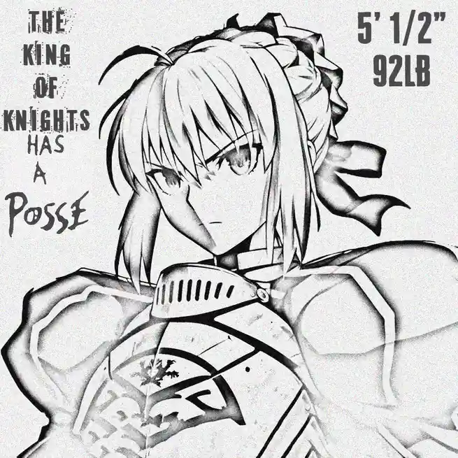 A black-and-white anime-style illustration of a female knight in armor with a stern expression, her hair tied up with…
