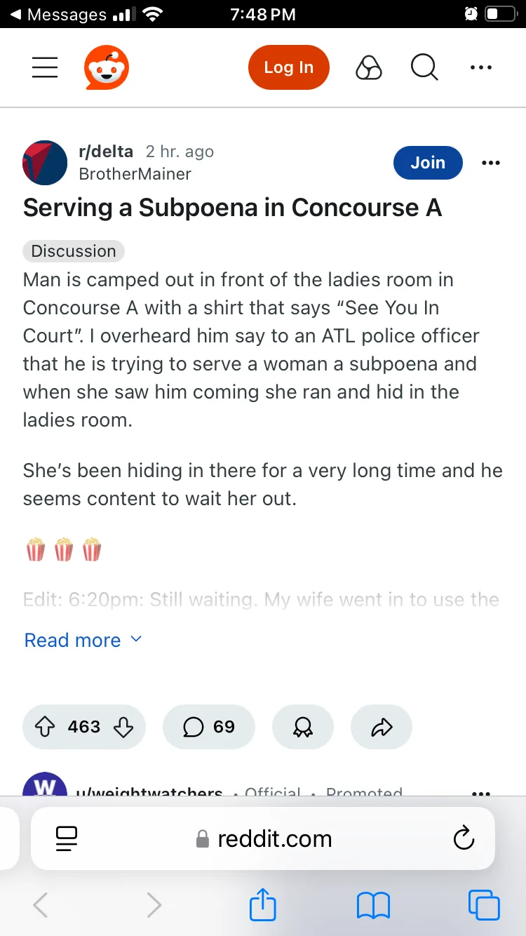 A screenshot of a Reddit post from r/delta showing a user's story about a man wearing a 'See You In Court' shirt camping out…