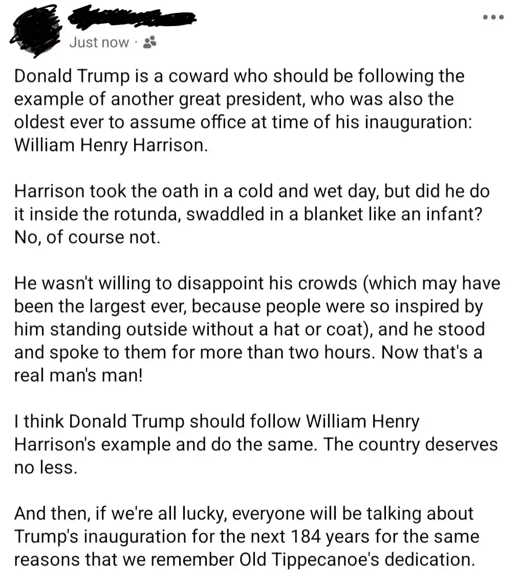 A screenshot of a social media post with blacked-out profile information, featuring a lengthy text that sarcastically argues…