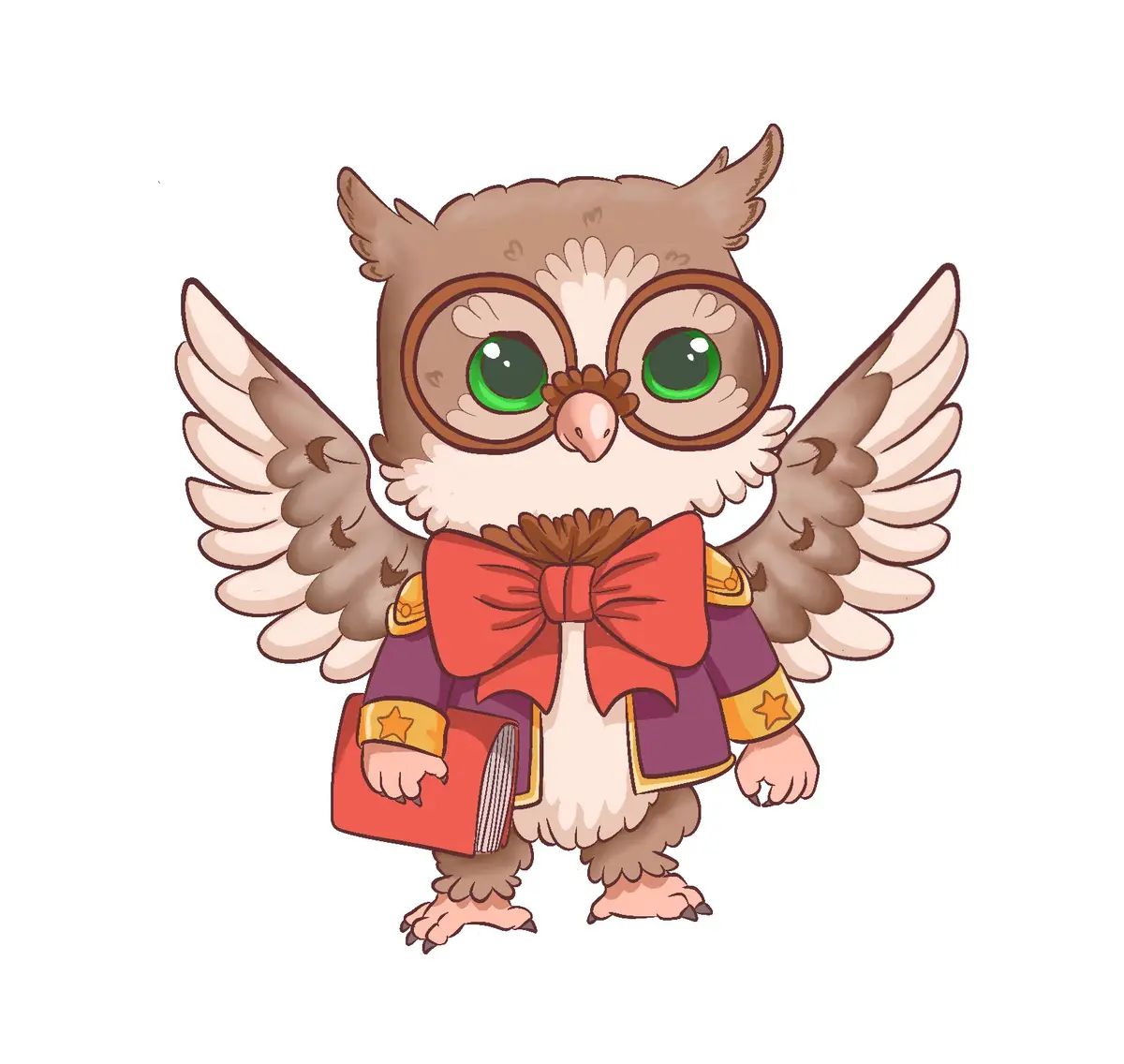 A cartoon owl with large green eyes and round glasses wears a purple school uniform with gold trim and a large red bowtie…
