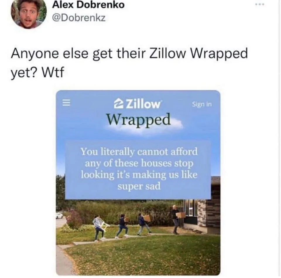 A screenshot of a Twitter post by Alex Dobrenko showing a Zillow Wrapped summary. The summary image depicts four people…