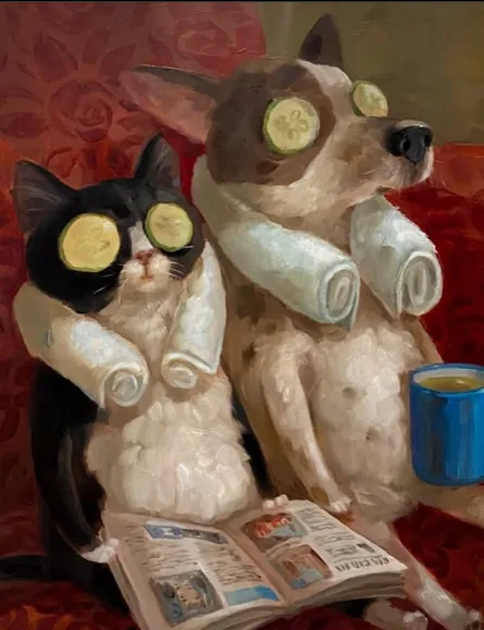 A painting depicts a black-and-white cat and a brown dog sitting side-by-side on a red floral couch, both with cucumber…