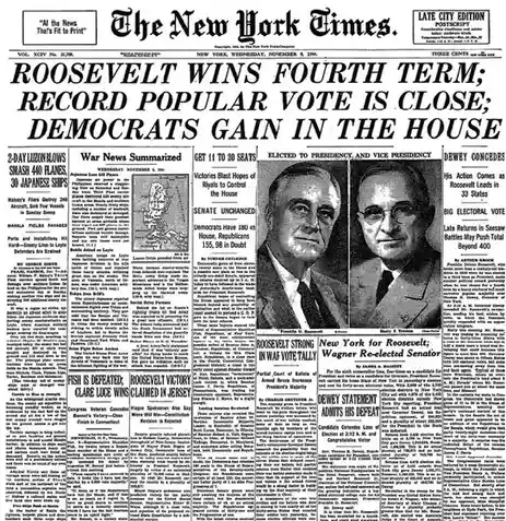 A black-and-white newspaper front page from The New York Times dated November 8, 1944, announcing Franklin D. Roosevelt's…