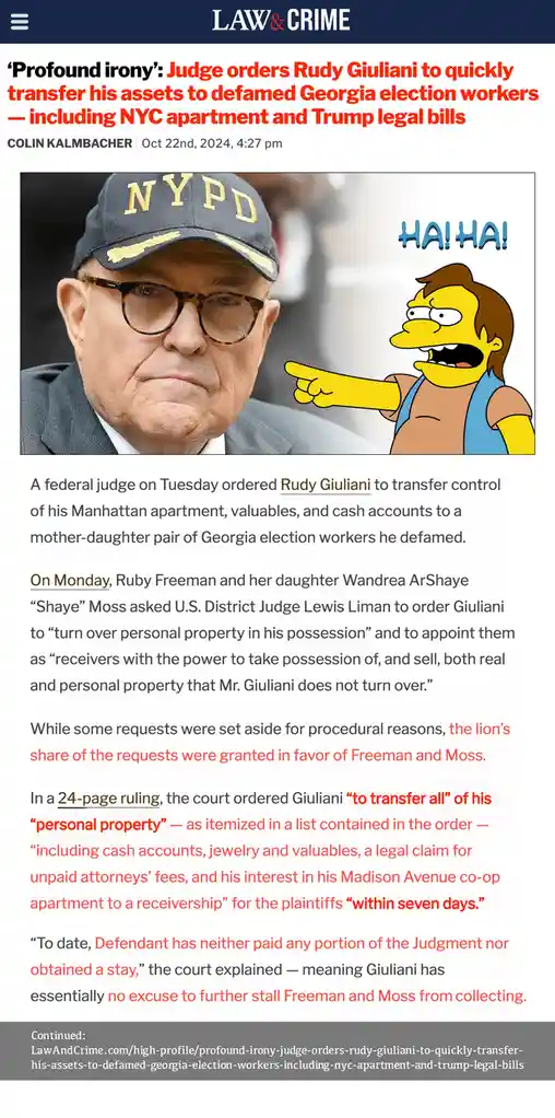A screenshot of a Law & Crime news article about a judge ordering Rudy Giuliani to transfer his assets to Georgia election…
