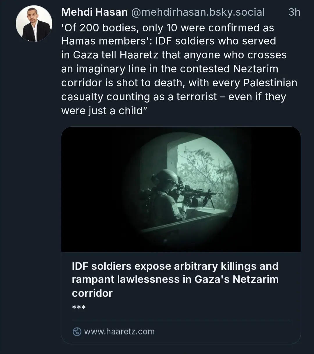 A screenshot of a social media post showing a black-and-white image of a soldier aiming a rifle through a scope, with…