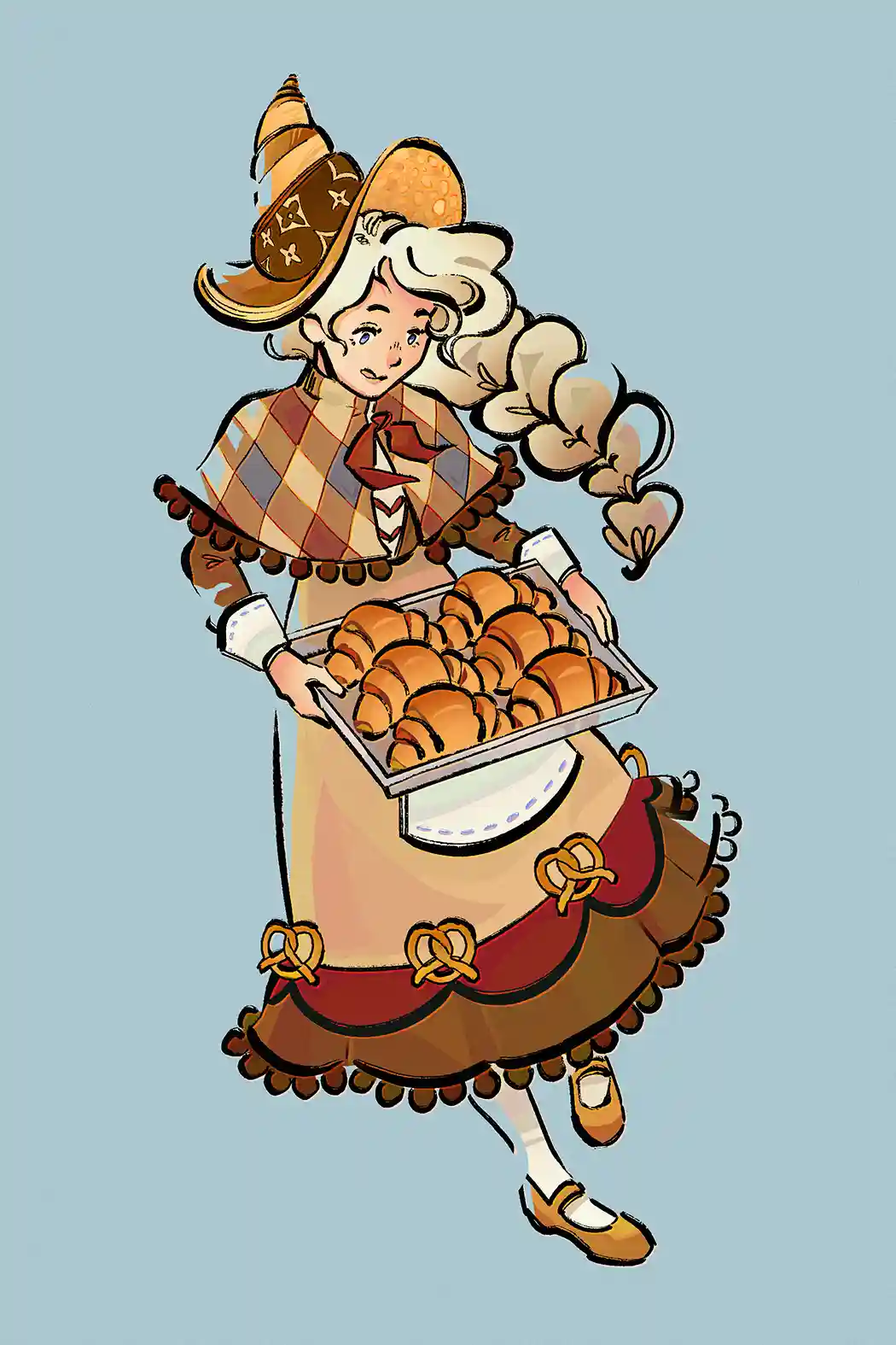 An illustrated woman with curly white hair wears a large, ornate hat shaped like a croissant and a plaid dress with pretzel…