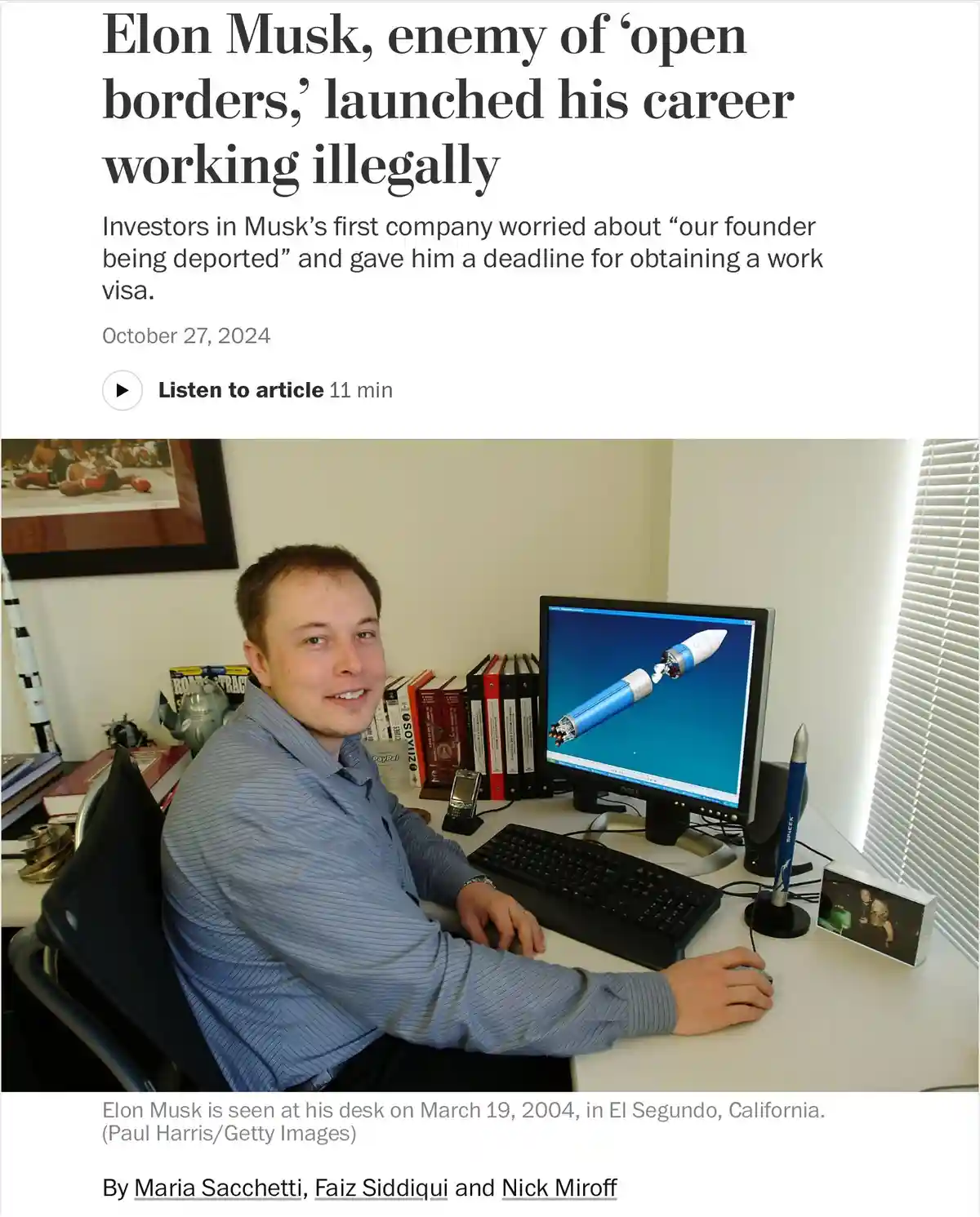 A 2004 photo of Elon Musk at his desk with a rocket on his computer screen, overlaid with a fake news headline claiming he…
