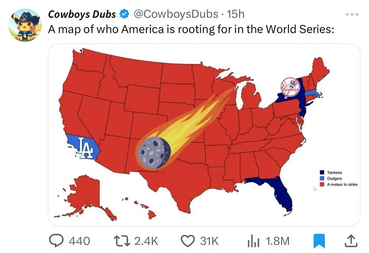 A map of the United States with most states colored red, indicating support for the Dodgers, while a few states like New…