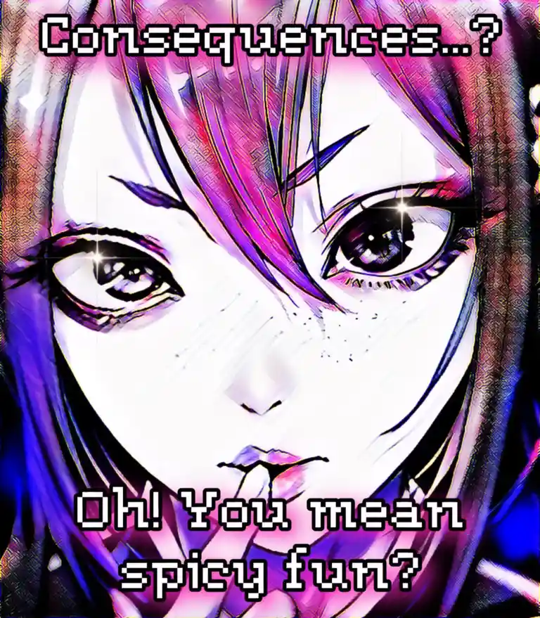 An anime-style illustration of a young woman with purple hair and intense eyes, looking directly at the viewer. She has a…
