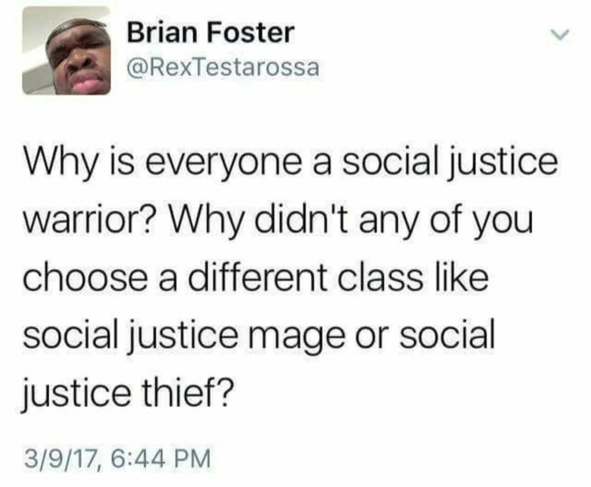 A screenshot of a tweet by Brian Foster (@RexTestarossa) from March 9, 2017, at 6:44 PM. The tweet text asks why everyone is…