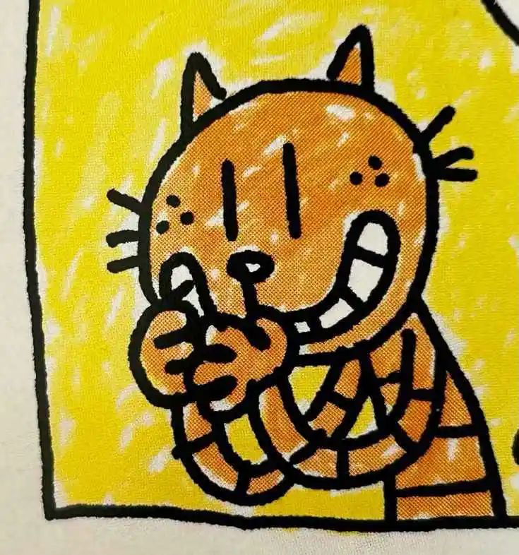A cartoon orange cat with a wide, toothy grin and whiskers is holding its paws up to its mouth in a 'shh' gesture, as if…