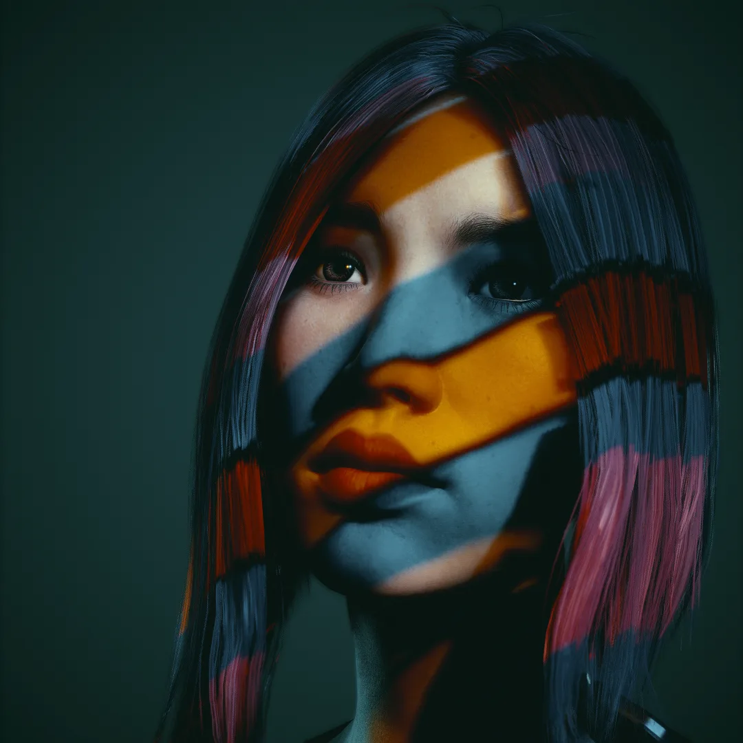 A portrait of a woman with her face partially obscured by colorful, striped light patterns casting shadows across her…