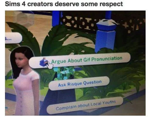 A screenshot from The Sims 4 video game shows a female Sim character standing next to a menu with three selectable dialogue…