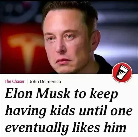 A screenshot of Elon Musk looking serious, overlaid with a news headline from 'The Chaser | John Delmenico' that reads 'Elon…