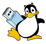 A cartoon penguin, representing Linux, is holding a blue USB drive in its beak. The penguin has a cheerful expression and is…