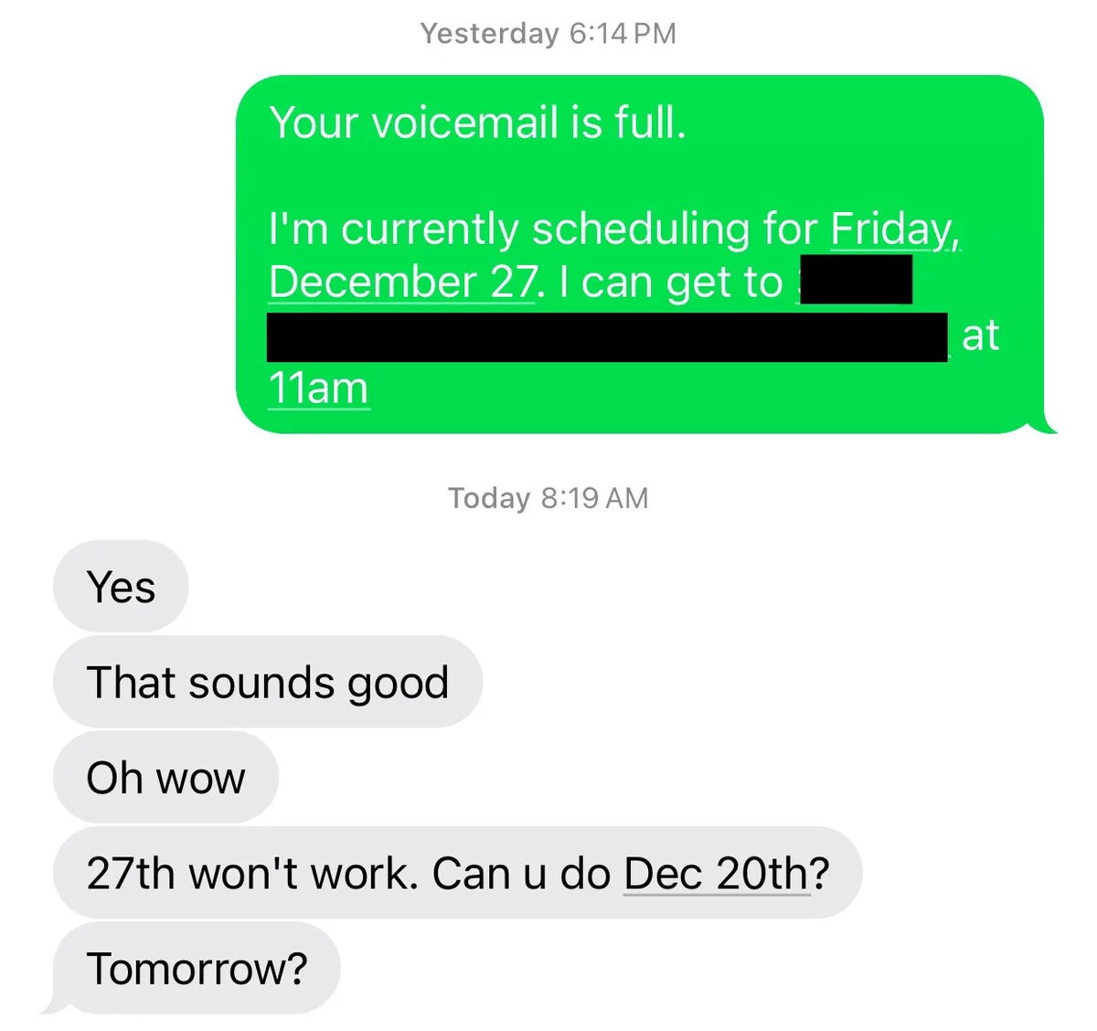 A screenshot of a text message conversation shows a green message bubble from yesterday saying the sender is scheduling for…