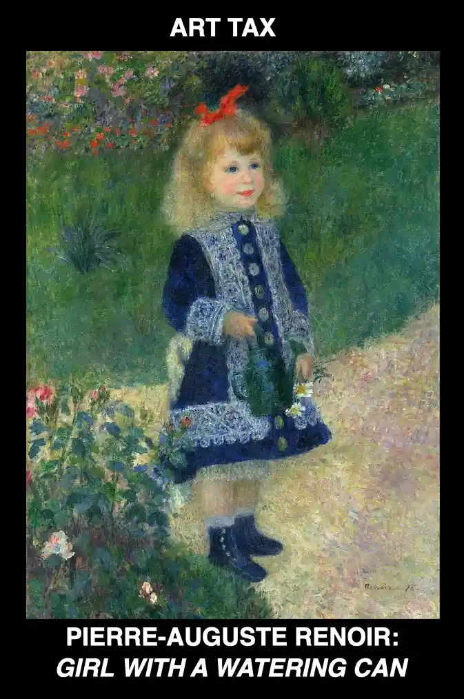A painting of a young girl in a blue dress with a red bow in her hair, holding a watering can in a garden. The text at the…