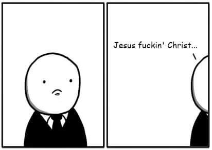 Two-panel comic strip featuring a simple, bald, white-faced character in a black suit and tie. In the first panel, the…