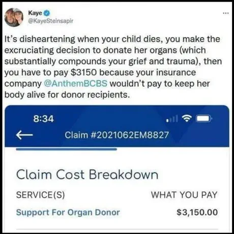 A screenshot of a Twitter post by user Kaye showing a phone screen with a claim cost breakdown from AnthemBCBS. The claim…