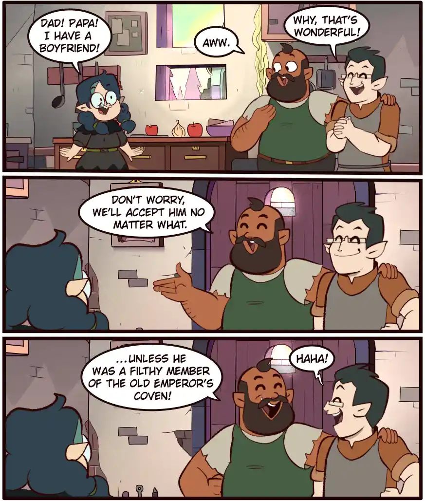 A three-panel comic strip from 'The Owl House' shows a young girl excitedly telling her two dads she has a boyfriend. They…