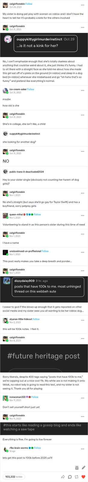 A screenshot of a social media thread where a user recounts their sister's obliviousness to her own petplay kink in Roblox…