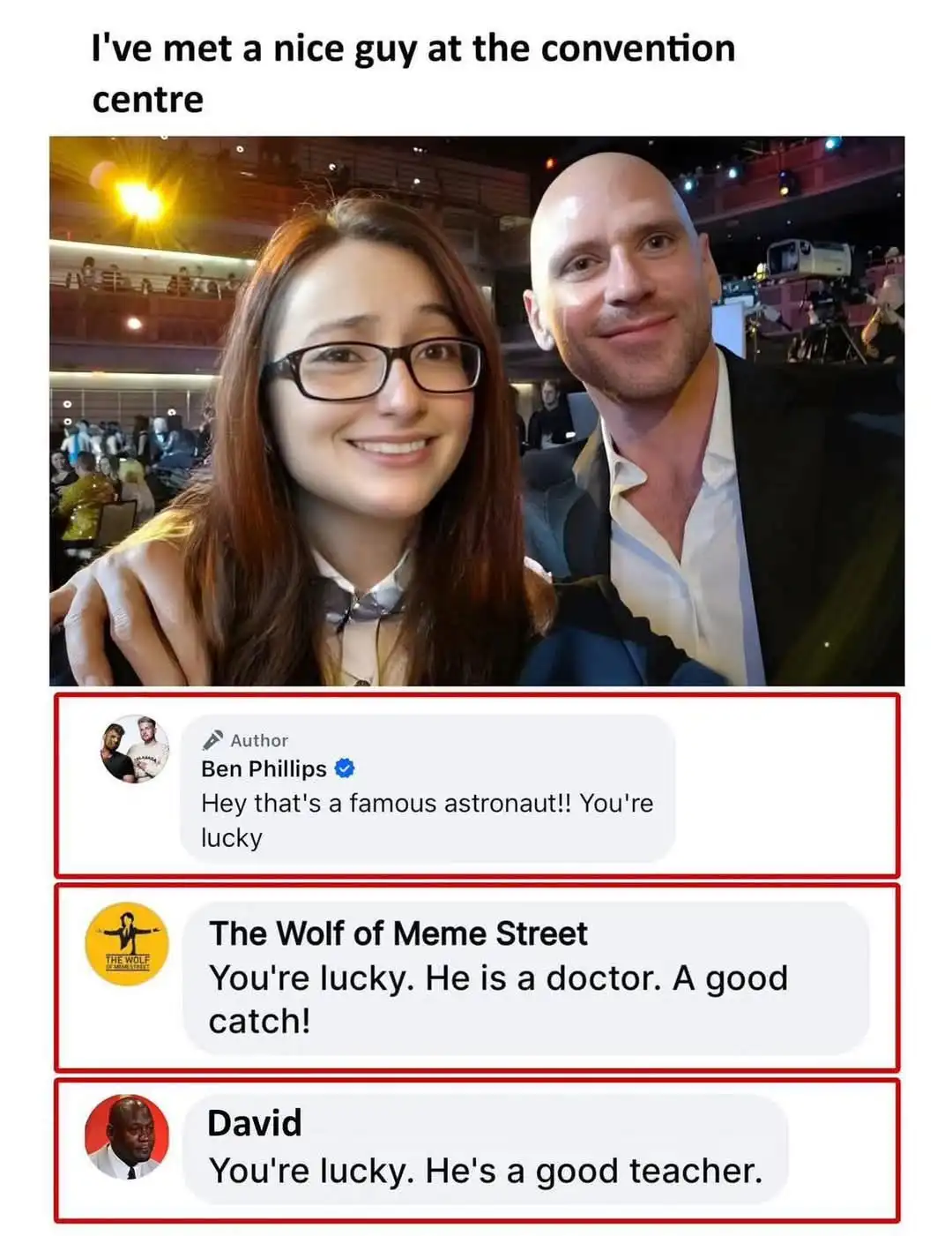 A selfie shows a smiling woman with glasses and a bald man in a suit at a convention center. Below, three text bubbles show…