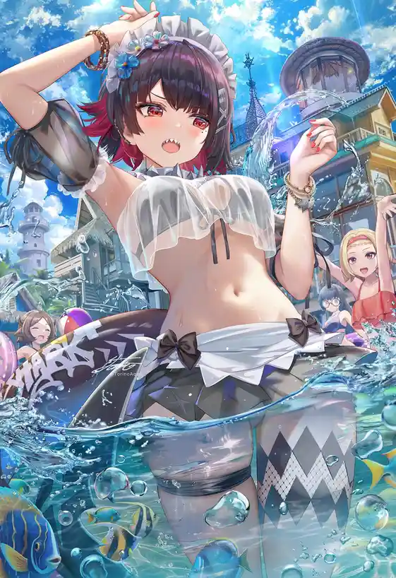 An anime-style illustration shows a young woman in a maid outfit, partially submerged in water with fish swimming around…