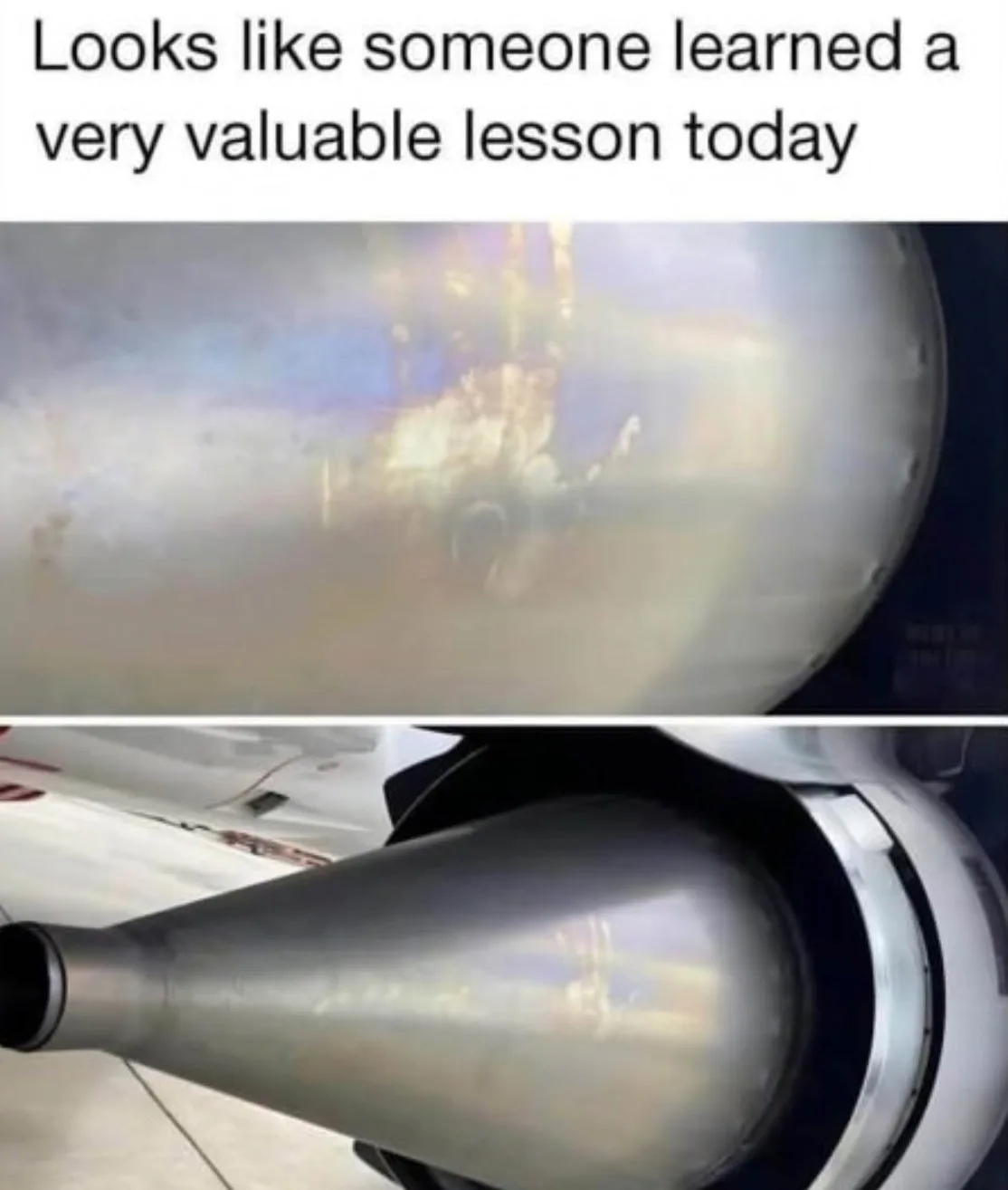 The image shows two close-up views of a shiny, metallic aircraft engine exhaust cone. The top panel displays a blurry…