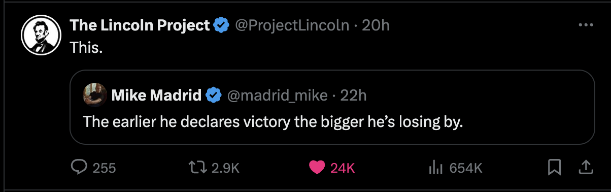 A screenshot of a Twitter thread showing The Lincoln Project replying with just 'This.' to a tweet by Mike Madrid that reads…