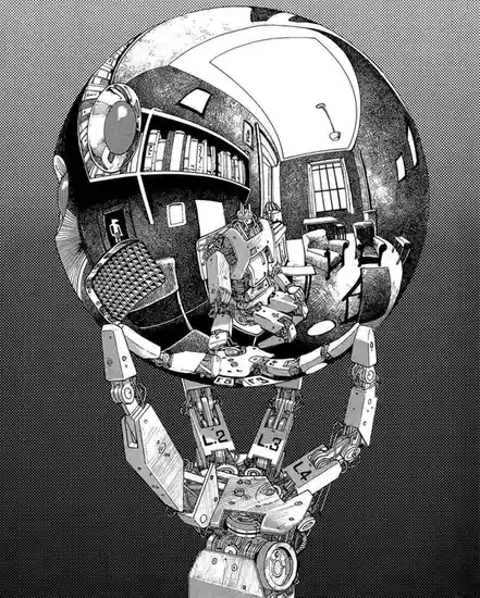 A black-and-white illustration shows a robot with a spherical head containing a distorted, fisheye view of a living room…