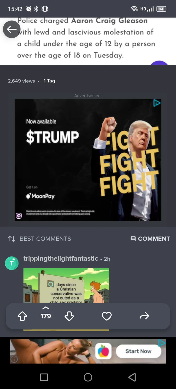 A screenshot of a social media post showing a comment with a cartoon image of a boy looking at a sign that reads 'days since…