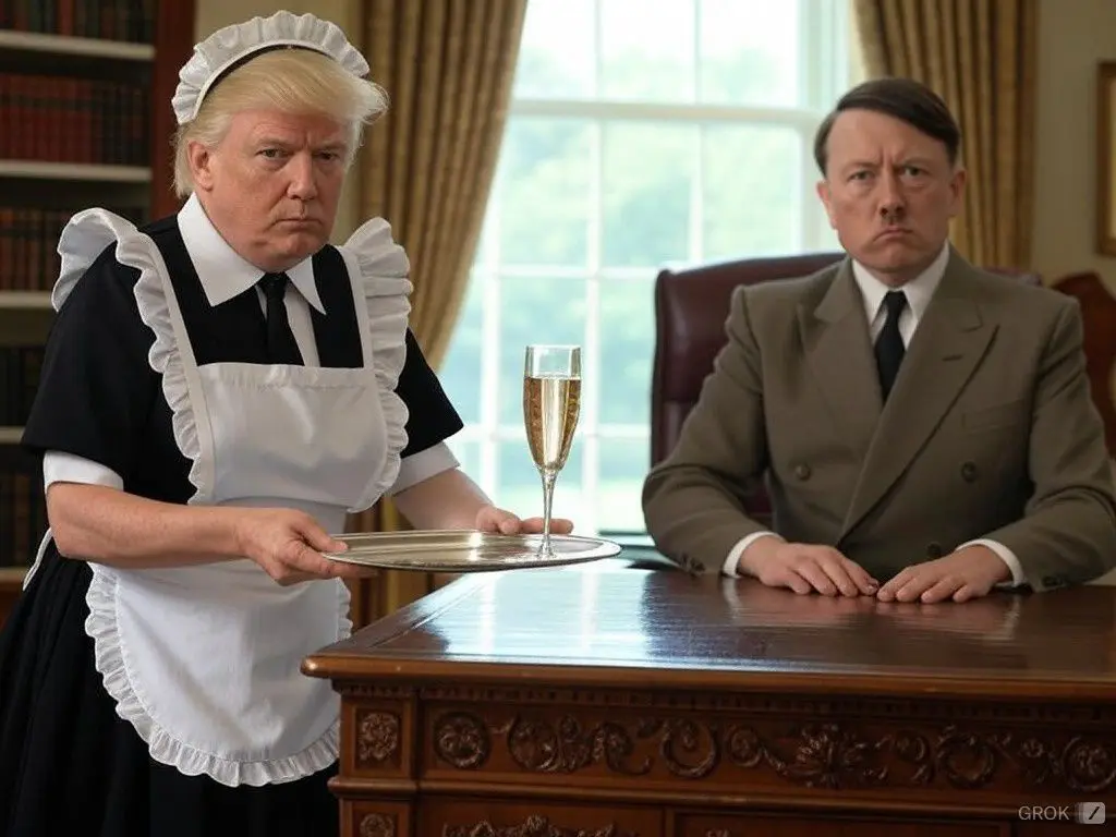 A man in a maid outfit with a white frilly apron and cap holds a silver tray with a champagne flute, standing before a…