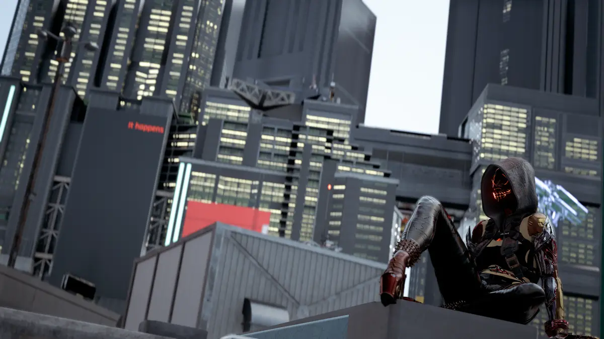 A character in a dark, hooded outfit with glowing orange facial markings sits on a rooftop ledge against a backdrop of…
