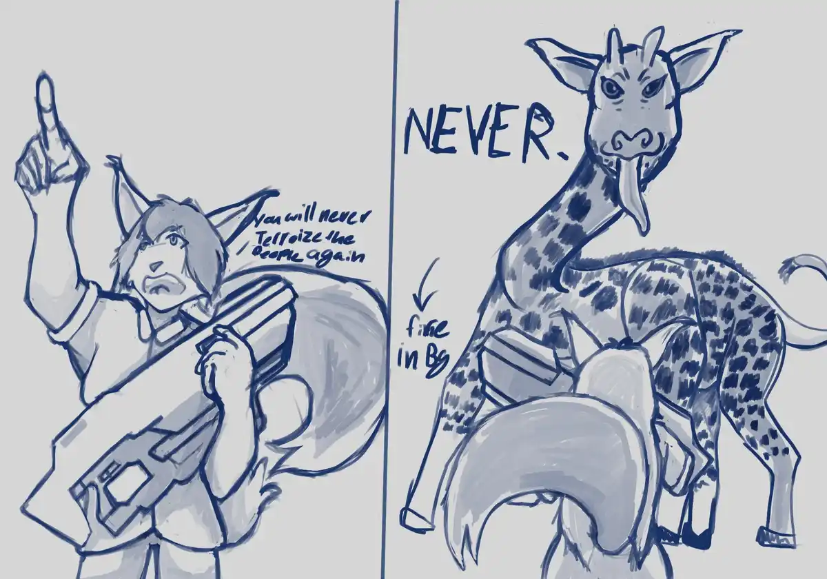 A blue-toned sketch shows a cat-like character holding a large gun and pointing upward, with text saying 'You will never…
