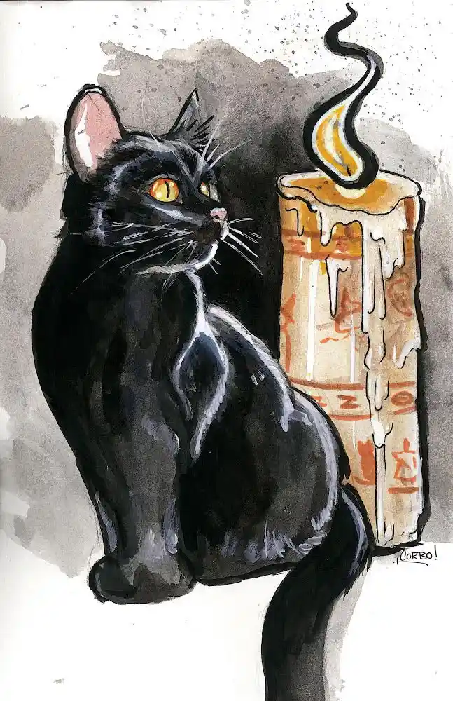 A watercolor illustration shows a black cat with glowing orange eyes sitting beside a tall, melting candle with…