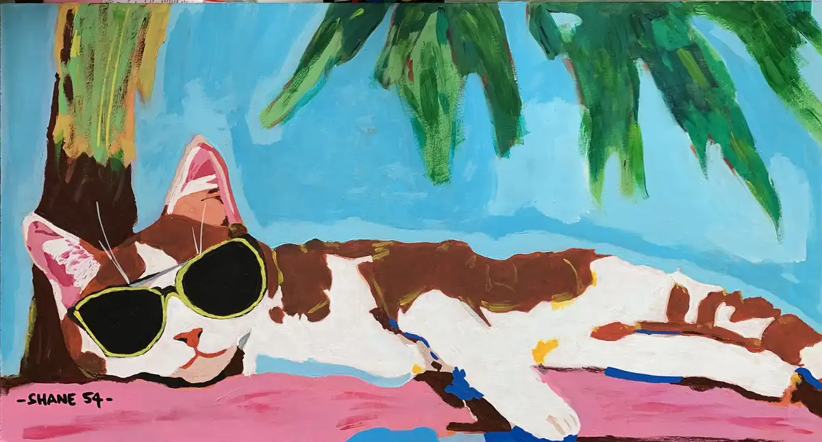 A colorful painting shows a brown and white cat lounging on pink sand under palm fronds, wearing oversized green-framed…