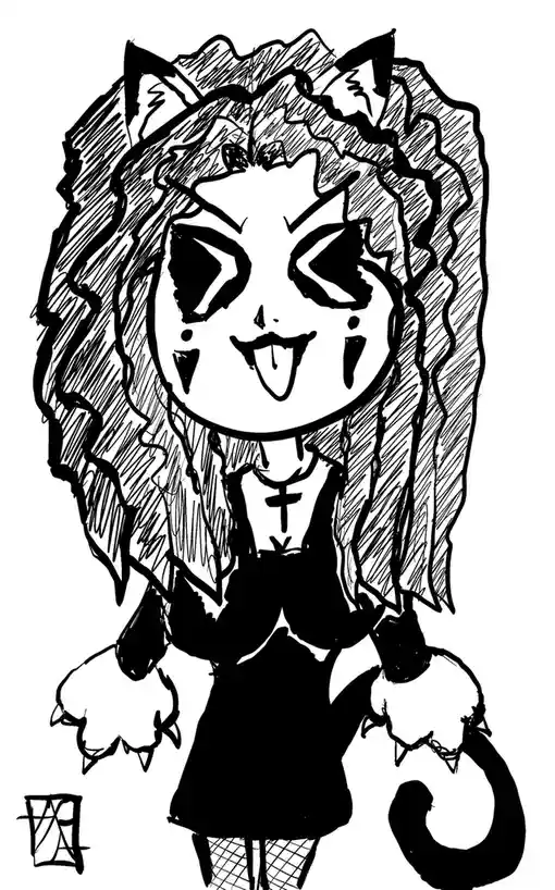 A black-and-white sketch of a chibi-style anthropomorphic lioness with a large mane, cat ears, and a playful expression…