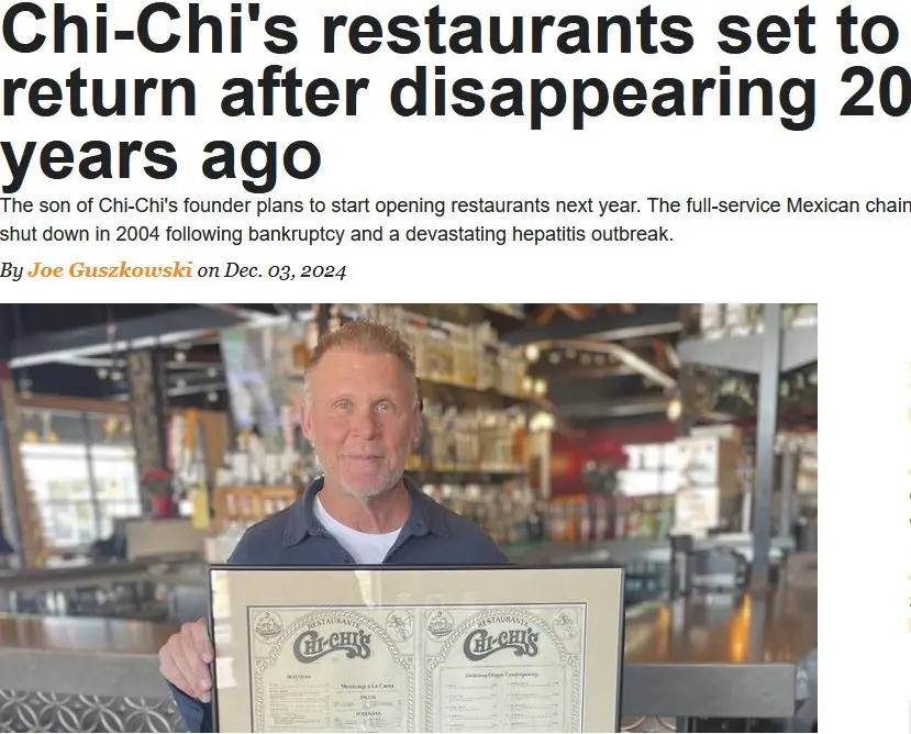 A man with gray hair and a beard holds a framed, vintage Chi-Chi's restaurant menu. Behind him is a blurred restaurant…
