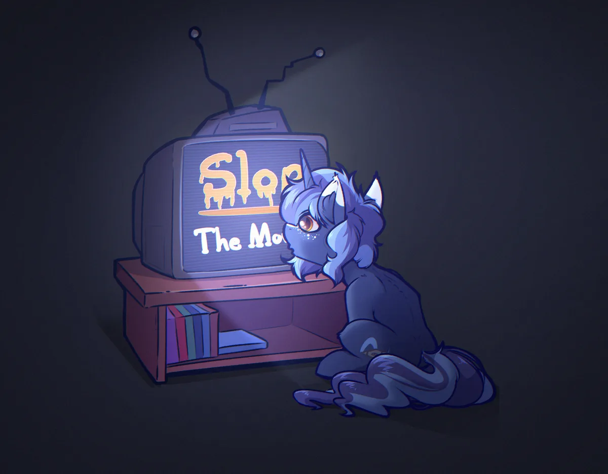 A blue-furred, cat-like anthropomorphic character with pointed ears sits on the floor, gazing intently at an old-fashioned…