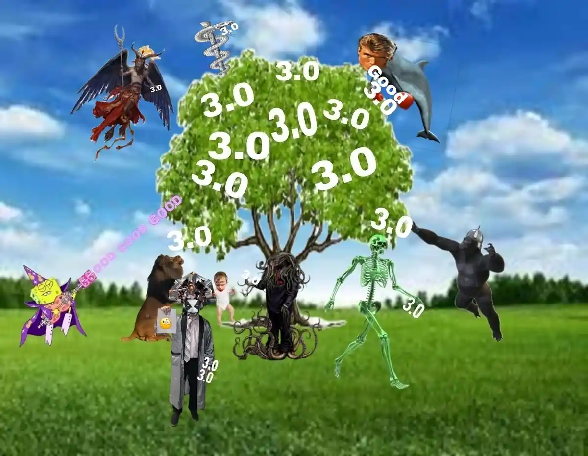 A surreal image shows a large green tree in a grassy field under a blue sky, surrounded by various characters including a…