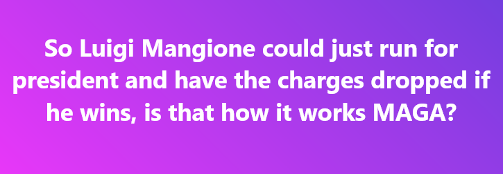 A solid purple-to-pink gradient background displays white text that reads: 'So Luigi Mangione could just run for president…