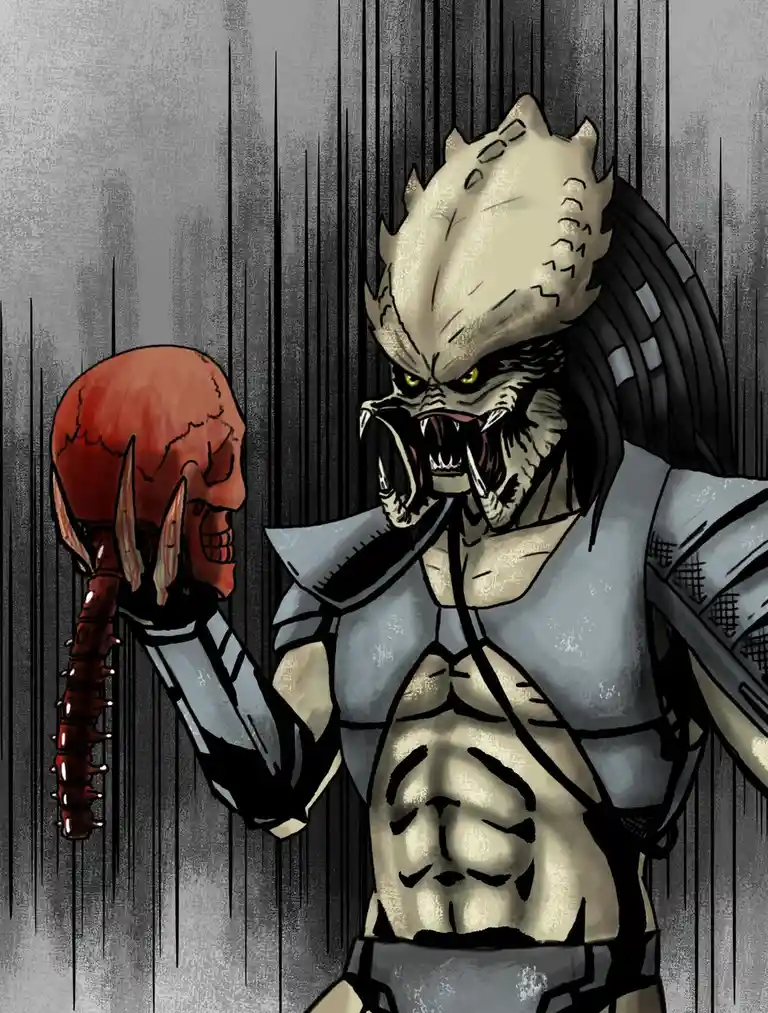 A muscular, armored alien predator with a spiked crest and glowing yellow eyes holds up a red, cracked human skull in its…