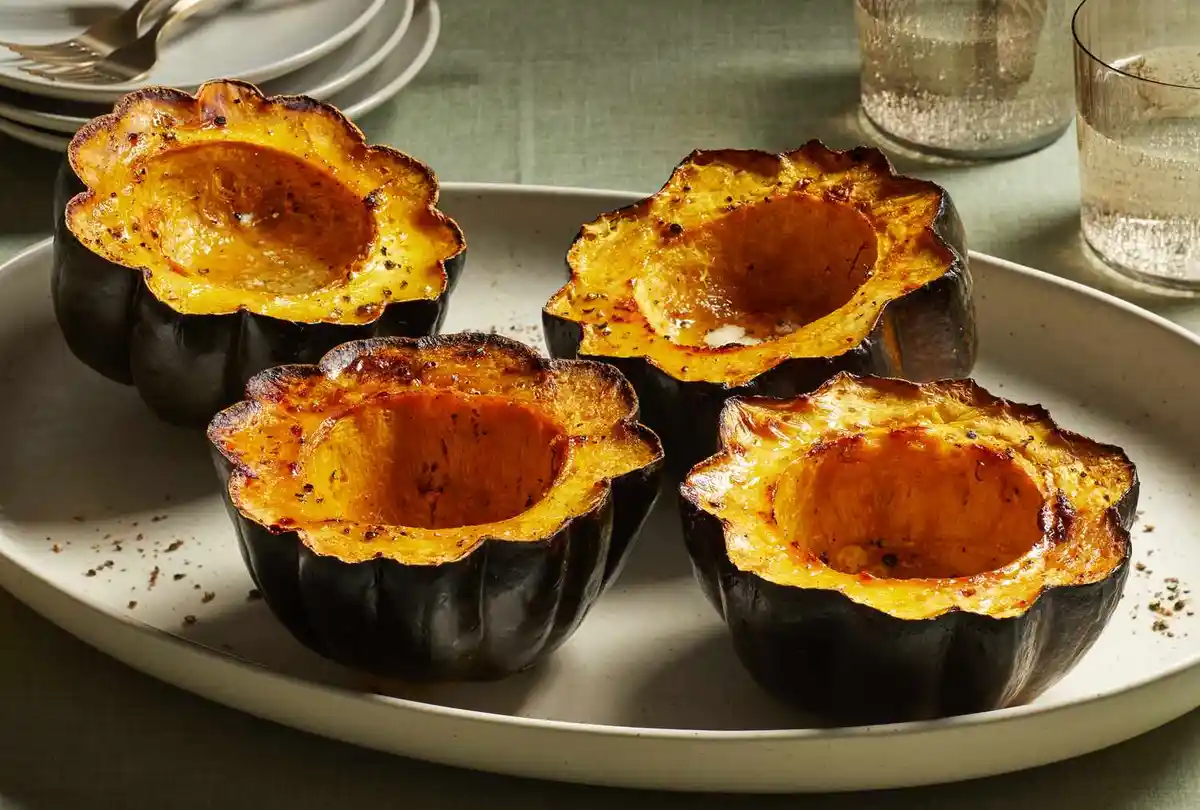 Four roasted acorn squash halves sit on a white speckled plate, their dark exteriors contrasting with golden, caramelized…