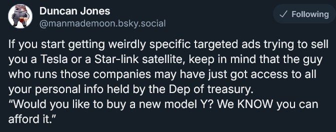 A dark-mode social media post by Duncan Jones showing a text message warning that if you see ads for Tesla or Starlink, it…
