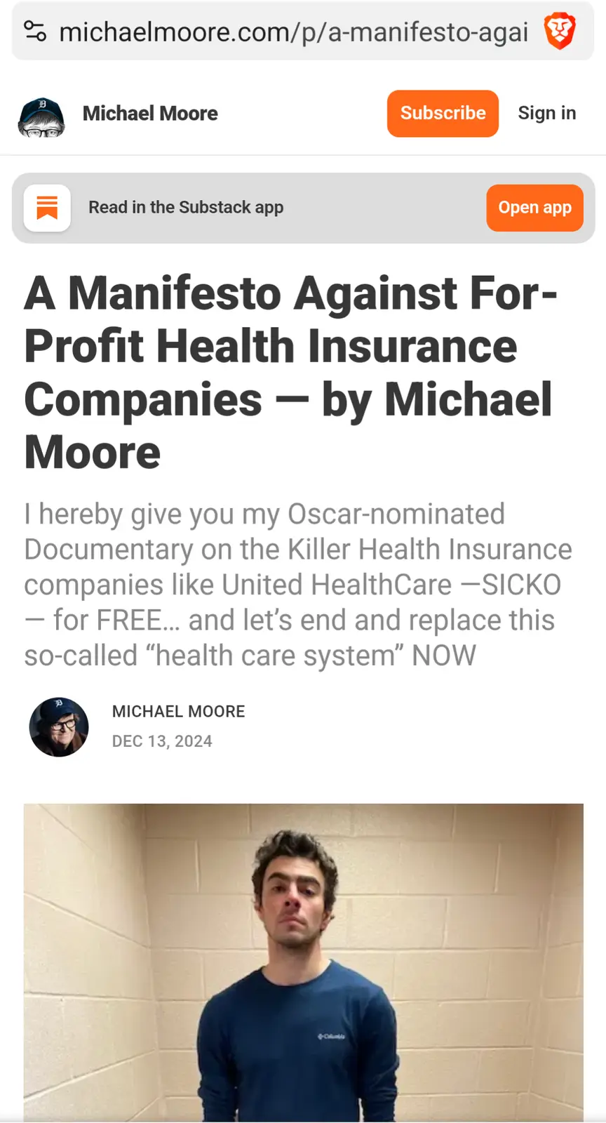 A screenshot of a Substack article by Michael Moore titled 'A Manifesto Against For-Profit Health Insurance Companies — by…
