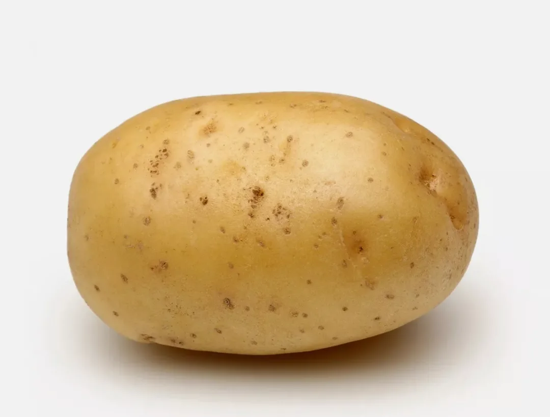 A single, unpeeled, light-brown potato with visible eyes and blemishes sits centered against a plain white background…
