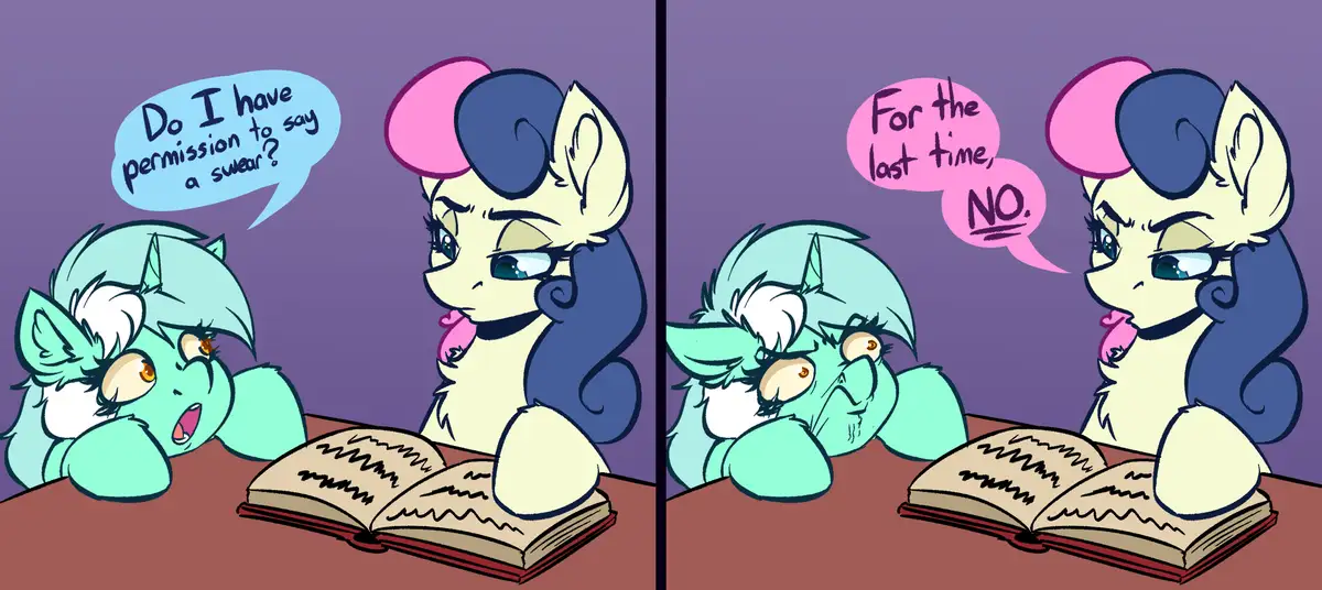 Two cartoon ponies sit at a table with an open book. The teal pony on the left asks nervously, 'Do I have permission to say…